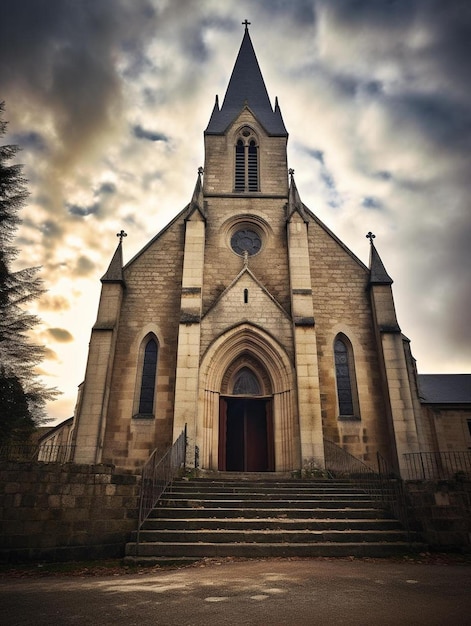 El frente de una iglesia con un cielo nublado detrás.