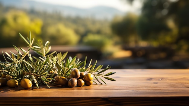 Foto en frente de una mesa de madera marrón vacía con un fondo borroso de campo de olivos