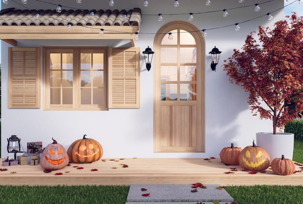 El frente de una pequeña casa de campo decorada de acuerdo con el tema de Halloween render 3d
