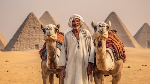 Frente a las Pirámides y la Esfinge de Giza hay beduinos con camellos GENERAR IA