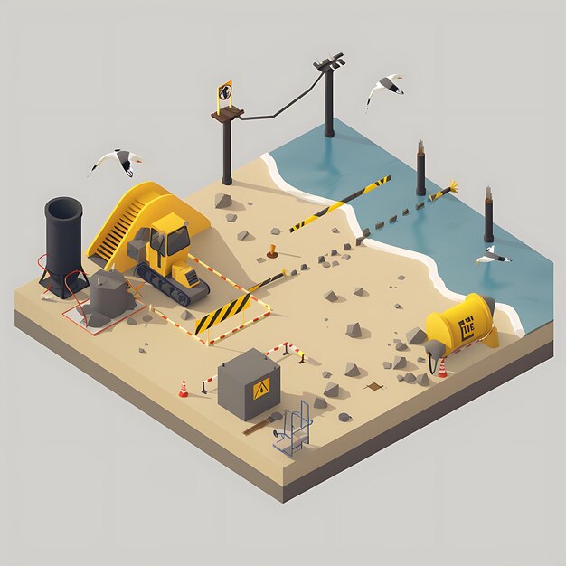 Foto frente a la playa abandonada con actividades de construcción y constr isometric 3d art idea de paisaje simple