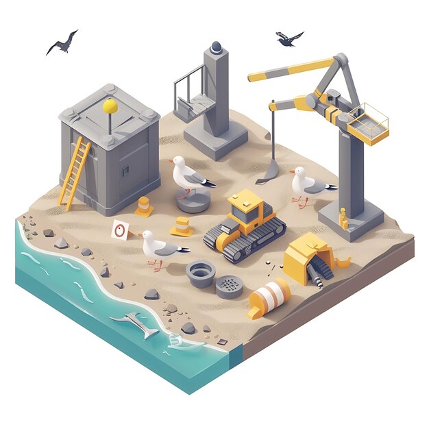 Foto frente a la playa abandonada con actividades de construcción y constr isometric 3d art idea de paisaje simple