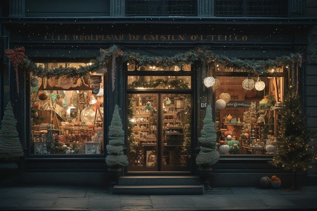 El frente de una tienda con una decoración navideña en el frente