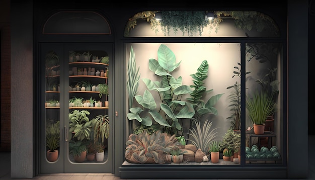 Un frente de tienda con una exhibición de plantas en la ventana.