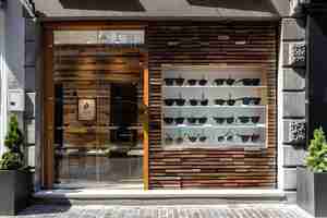 Foto un frente de la tienda con gafas de sol en exhibición y un letrero que dice gafas de sol