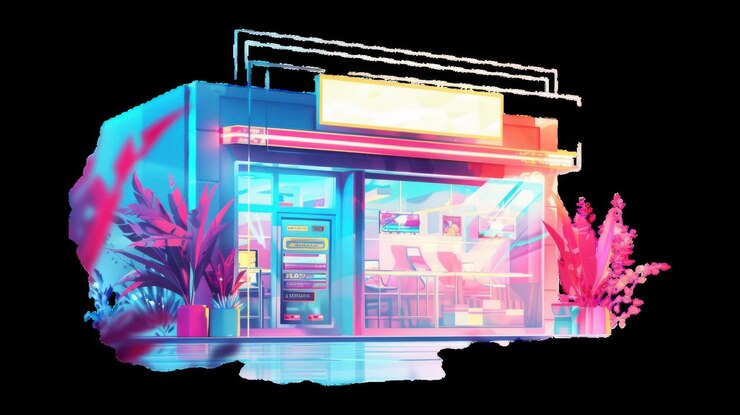 Frente de la tienda iluminada con neón con plantas de colores por la noche