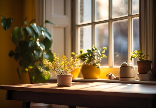 Frente a una ventana con mesa y plantas