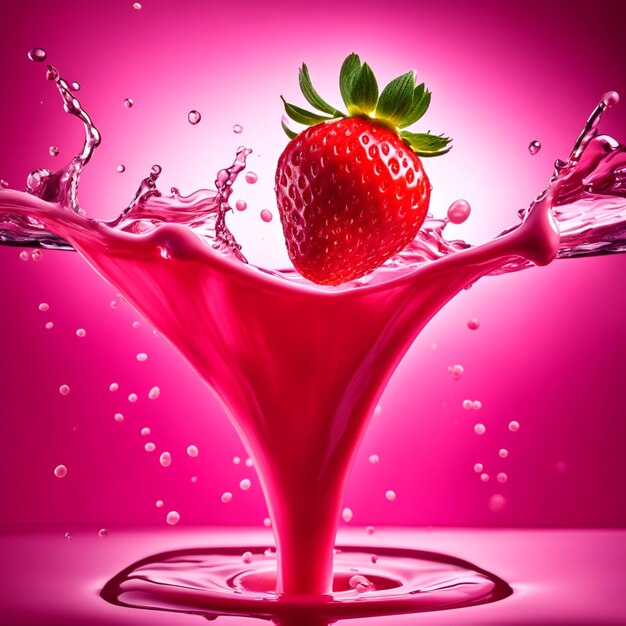 la fresa cae en una leche líquida rosada