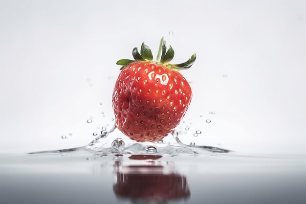 Una fresa está en el agua con una gota de agua.