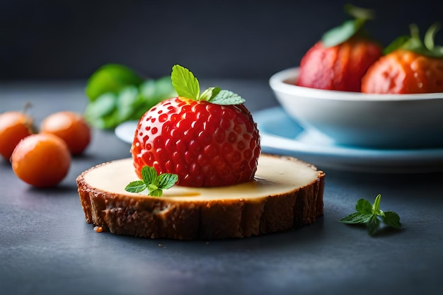 una fresa en un pedazo de pan con un cuenco de fresas en él.