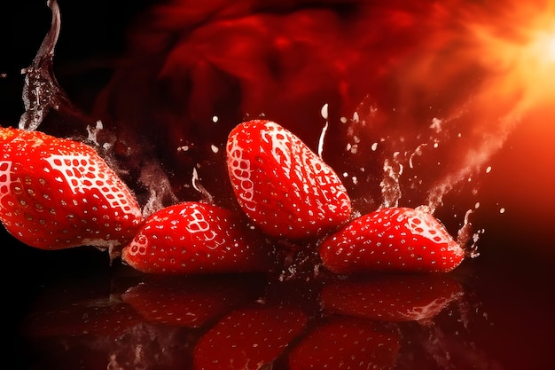 Una fresa roja salpica en una gota de agua