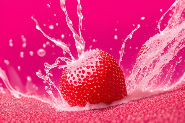 Una fresa salpica en un fondo rosa.