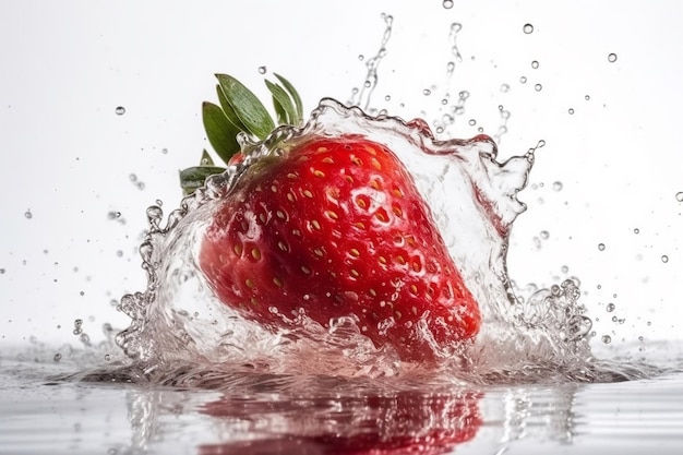 Una fresa salpica en una gota de agua.