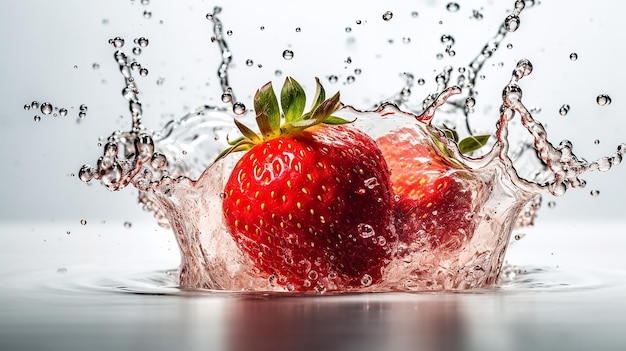 Una fresa salpica en un recipiente con agua.