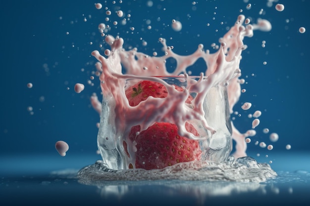 Una fresa salpica en un vaso de agua.