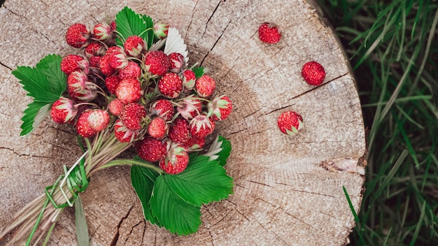 Fresa salvaje fresca en un tocón de madera Un ramo de fresas orgánicas