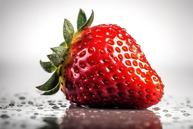 Una fresa sobre una superficie mojada con una gota de agua.