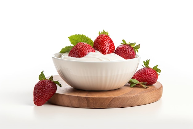 Fresa y yogur en un recipiente de madera de fondo blanco.