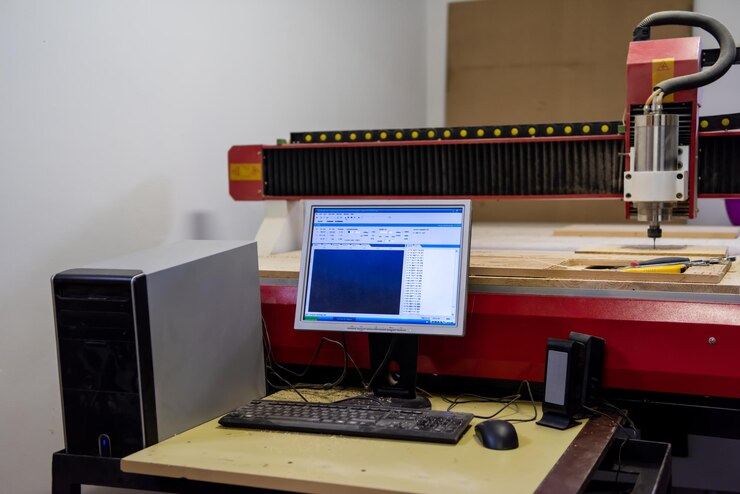 Foto fresado de madera en una moderna máquina automática de carpintería con cnc. producción de muebles.