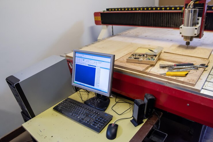 Foto fresado de madera en una moderna máquina automática de carpintería con cnc. producción de muebles.