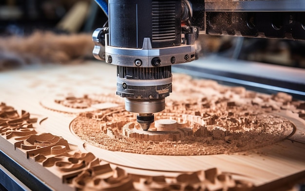 Fresadora cnc cortando tablero de madera en primer plano