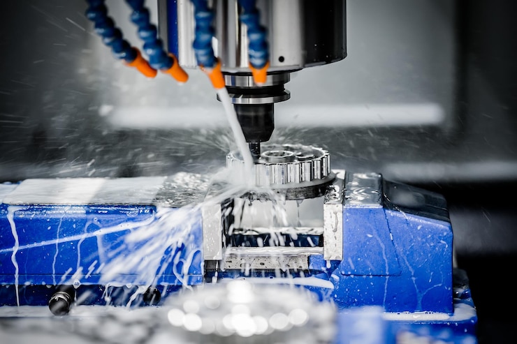 Foto fresadora cnc para trabajar metales. tecnología de procesamiento moderna de corte de metal.