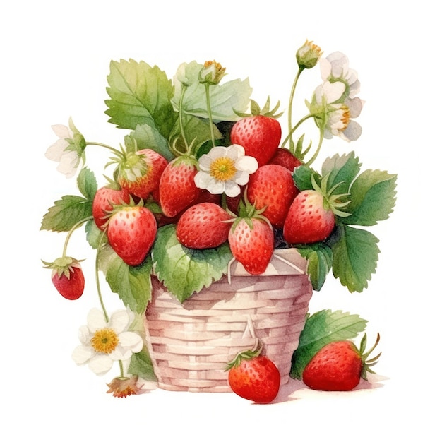 Fresas de acuarela en canasta Ilustración AI GenerativexD