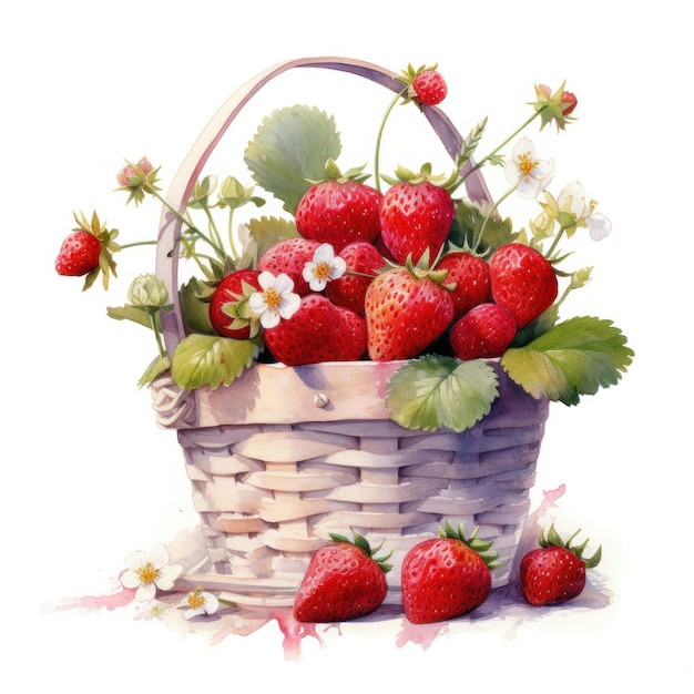 Fresas de acuarela en canasta Ilustración AI GenerativexD