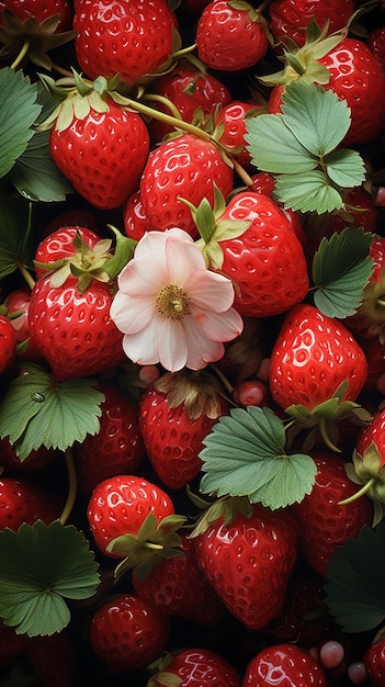 Fresas Araffe con una flor en medio de ellas ai generativo