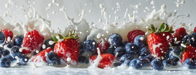 Fresas y arándanos con leche salpicada