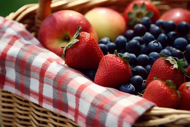 Fresas, arándanos y manzanas en una cesta de mimbre.