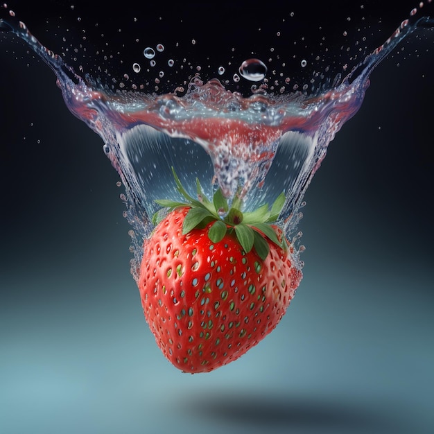Las fresas caen al agua Agua líquida con fondo de fruta de fresa Generado por IA