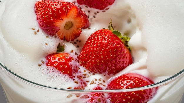 Las fresas caen en la leche.