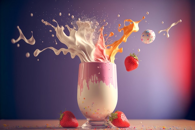 Las fresas caen en un vaso con crema