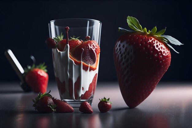 Las fresas caen en un vaso de leche.