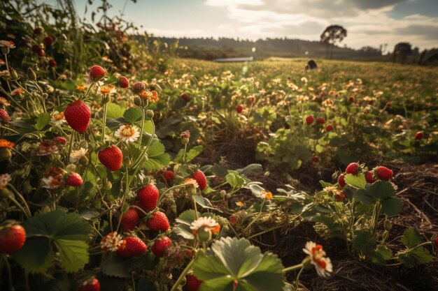 Fresas en un campo fértil mariposas bailan Frescura y abundancia generativa IA