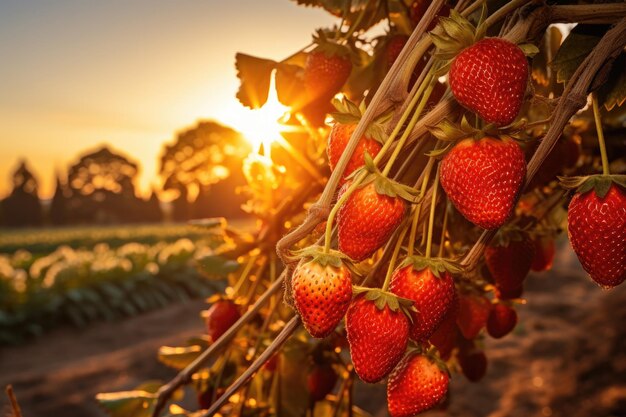 Fresas en el campo fresas en el terreno una rama con granadas naturales contra un fondo borroso de un jardín de granadas durante la hora dorada AI Generado