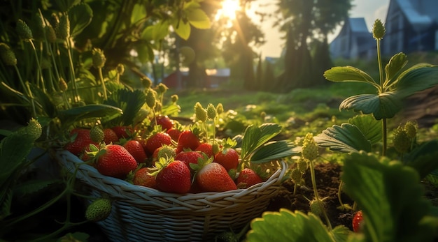 Fresas en una canasta en una granja