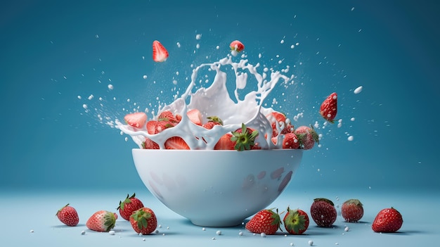 fresas cayendo en un cuenco de leche sobre un fondo azul IA generativa