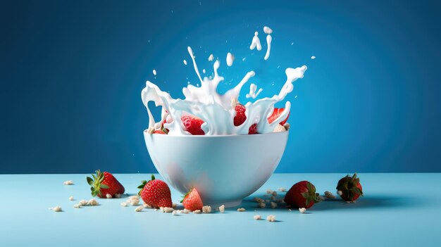 fresas cayendo en un cuenco de leche sobre un fondo azul IA generativa