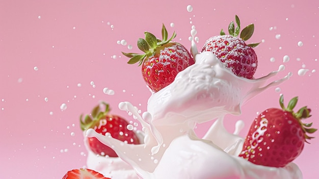 Fresas cayendo en leche con crema o yogur en un fondo rosado postre de fresas