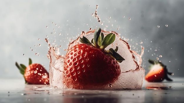 Fresas cayendo en un recipiente con agua