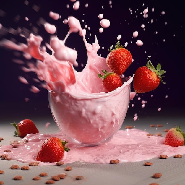 Fresas cayendo en yogur con salpicaduras alrededor.