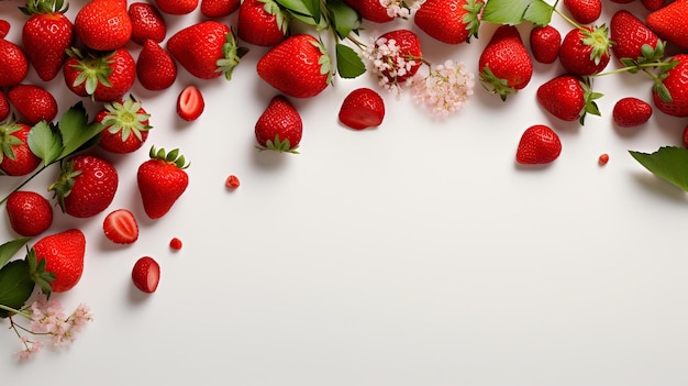 Foto fresas y cerezas sobre un fondo blanco con espacio para copiar
