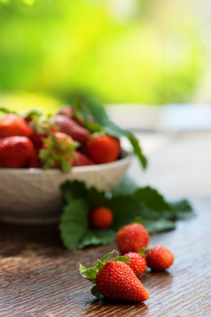 Fresas en una cesta en el jardín