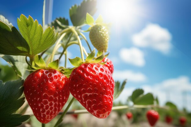 las fresas crecen en el huerto en un día soleado