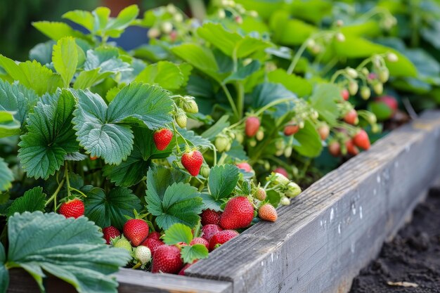 Las fresas crecen en el jardín en un lecho elevado.