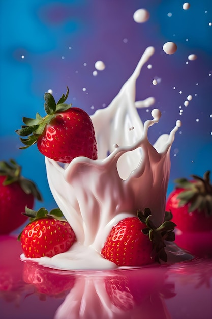 Fresas con crema sobre un fondo azul splash Generative AI 1