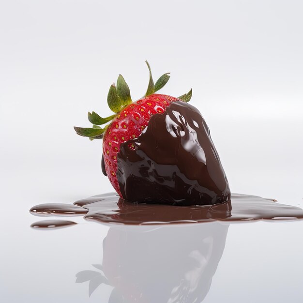 Foto fresas cubiertas de chocolate en blanco con reflejos y espacio para su texto o imágenes