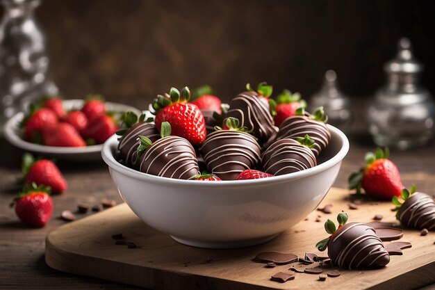 Foto fresas cubiertas de chocolate en un cuenco para el producto